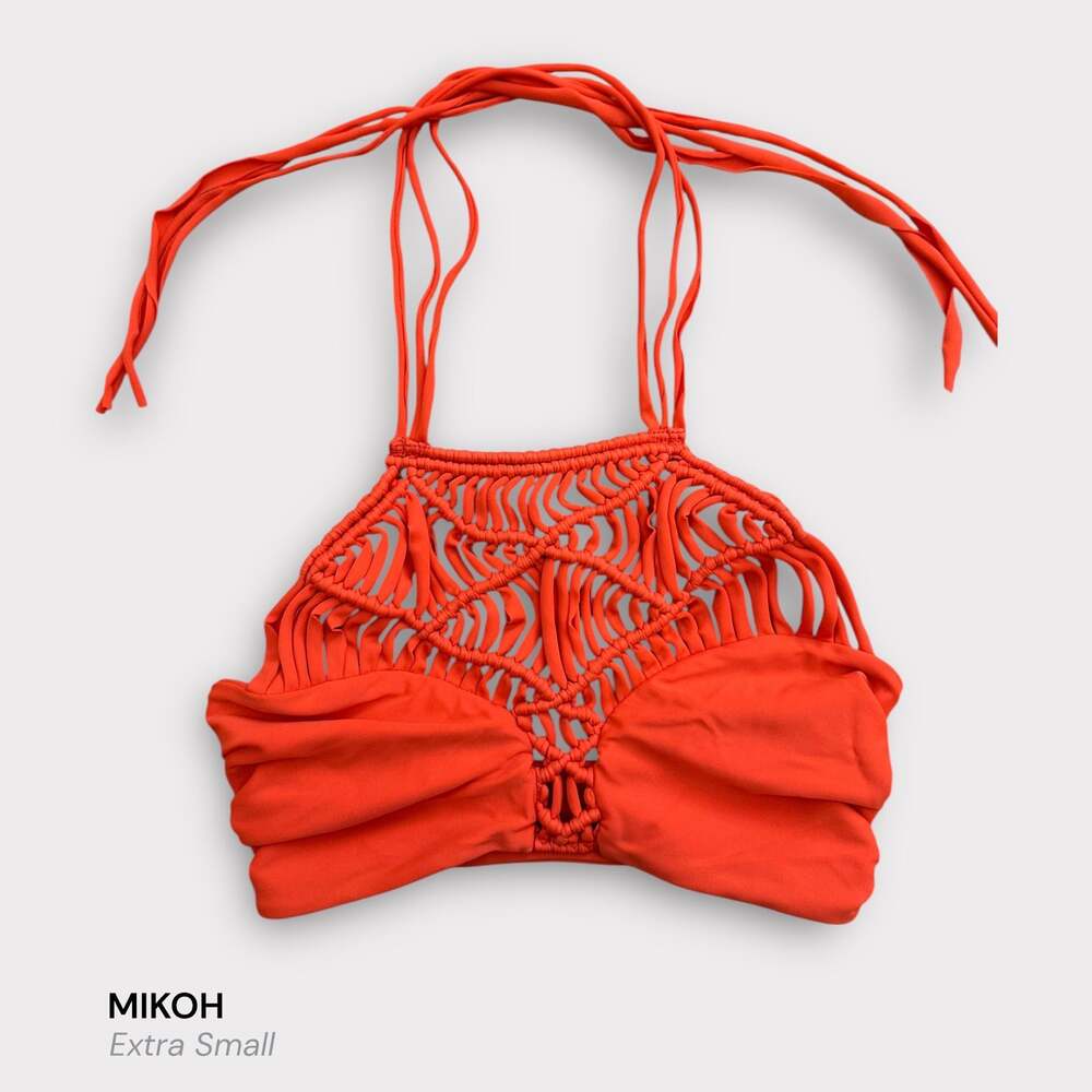 MIKOH Waimea High Neck Macrame Crochet Detail Halter Bikini Top Orange XS